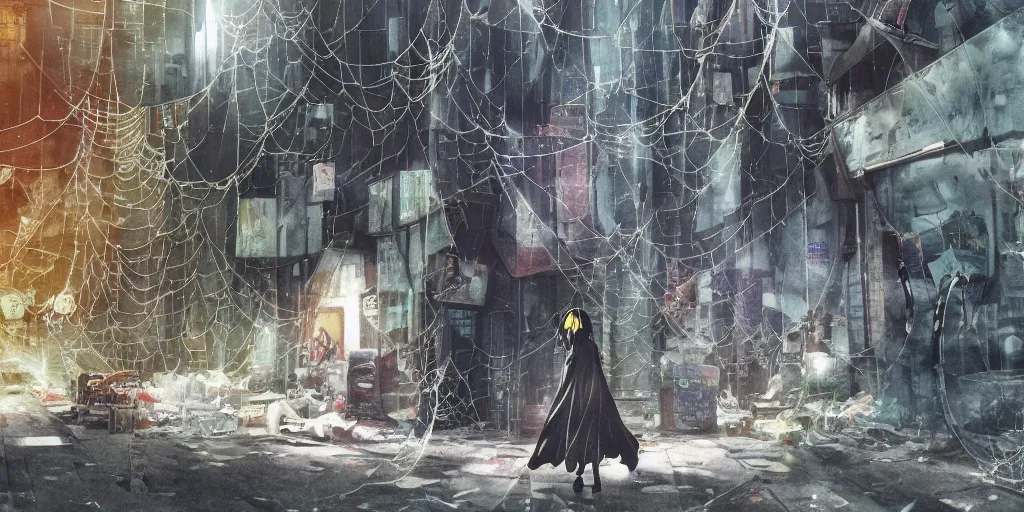 Image similar to anime movie scene, mamoru oshii, otomo, ultra wide, vanishing point, hoody woman explorer, watercolor, spiderwebs, arachnophobia, dripping, sewer pipe entrance, giant spider forground, sun beam, dusty volumetric light, back lit, paper texture, puddles, deserted shinjuku junk, brutalist, golden ratio