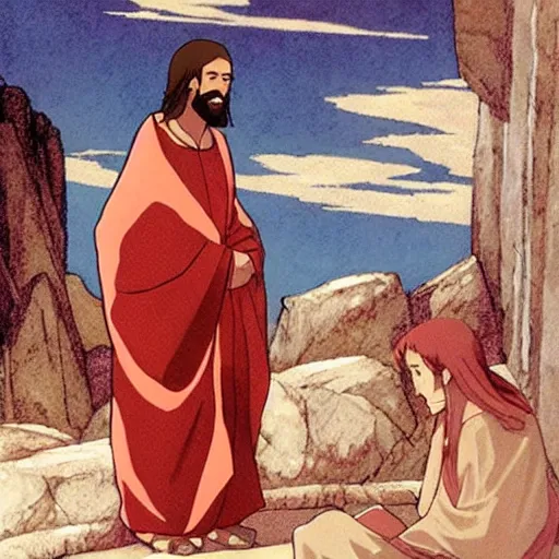 Image similar to Jesus giving the Sermon on the Mount, anime style.