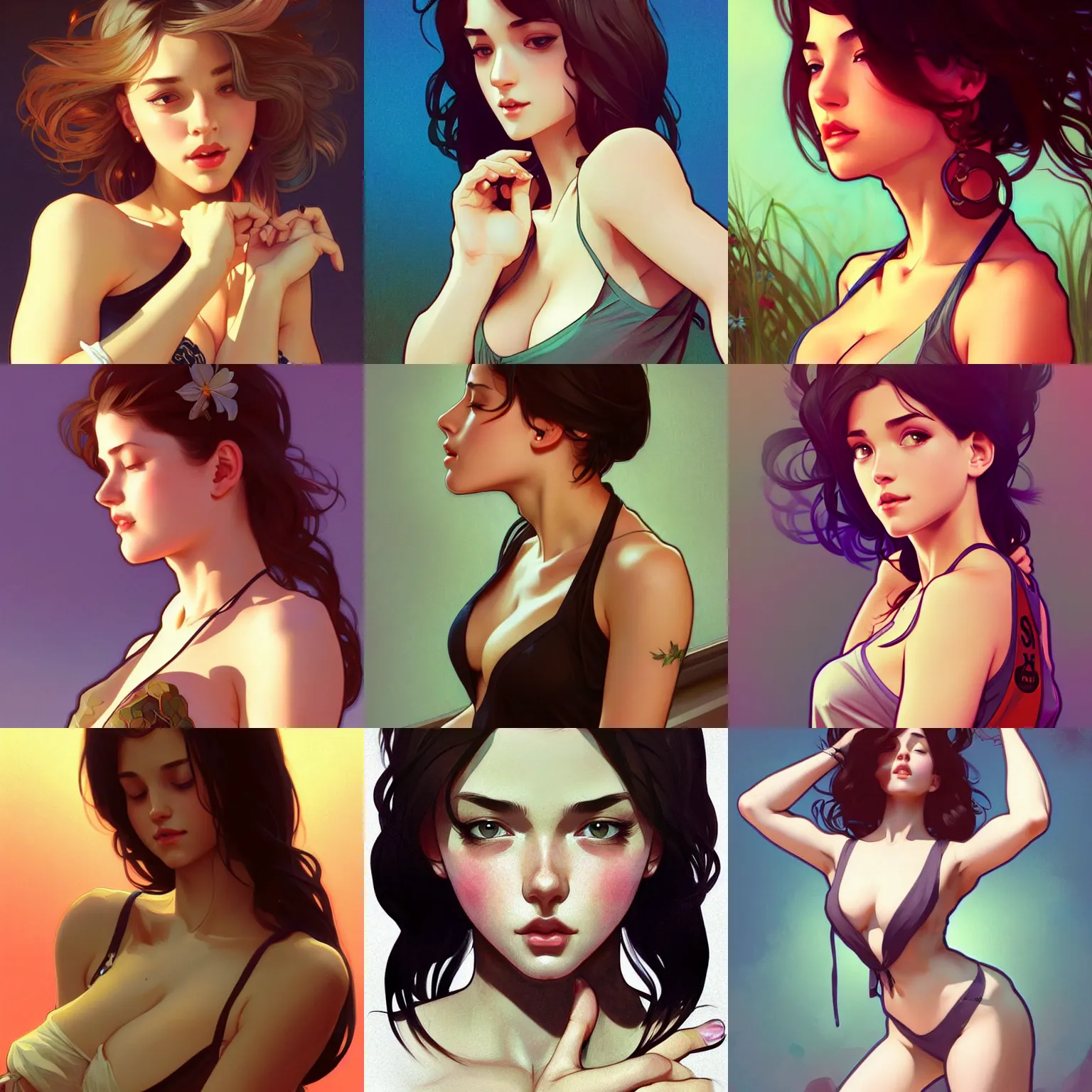 Prompt: sexy girl wearing shorts and a low cut tanktop, seductive pose, hands in her hair. highly detailed, digital painting, artstation, concept art, smooth, sharp focus, illustration, art by artgerm and alphonse mucha, high definition digital art, in the style of Ross tran and ilya kuvshinov