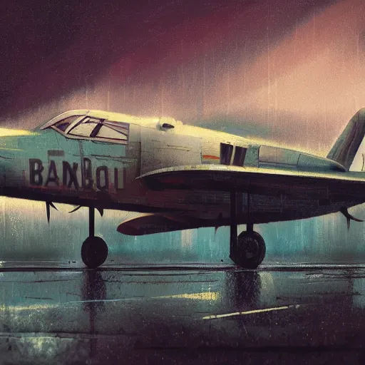 Prompt: movie frame of a vintage scrappy aircraft parked on the tarmac on a misty day, wet ground, neon lights, wide angle shot, by ian mcque ferdinand knab, makoto shinkai and lois van baarle, artgerm, pixar, ilya kuvshinov,, tom bagshaw, global illumination