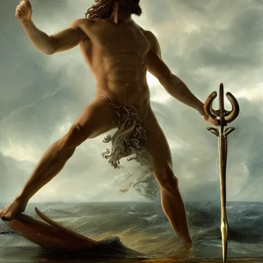 Image similar to poseidon standing at center frame back turned to the camera, holding a trident, with his back turned to the camera, a storm ahead, high res, oil painting, realistic, water, greek god, epic composition, masterpiece, award winning, low exposure