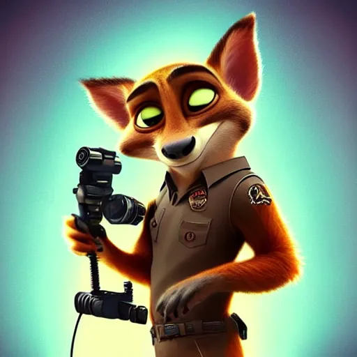 Image similar to “ animal character in the style of zootopia holding laser gun, floating alone, with a black dark background, digital art, award winning, trending on art station ”