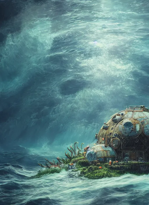 Image similar to masterpiece artwork of a underwater dome inside the ocean, au naturel, hyper detailed, digital art, trending in artstation, cinematic lighting, studio quality, smooth render, unreal engine 5 rendered, octane rendered, art style by klimt and nixeu and ian sprigger and wlop and krenz cushart
