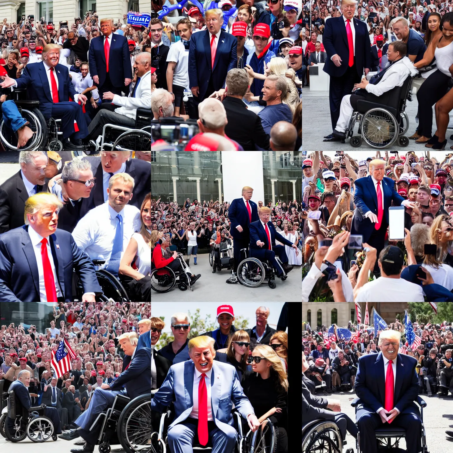 Prompt: donald trump in a wheelchair around a group of people, photograph, high resolution, high quality, beautiful, attractive