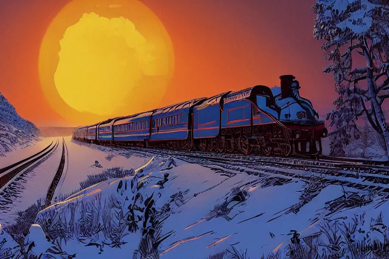 Image similar to trans - siberian express train illustration by joe fenton and syd mead and p. craig russell and barry windsor - smith, artstation, 4 k, graphic novel, concept art, matte painting, beautiful russian winter landscape sunset background, golden hour, art nouveau