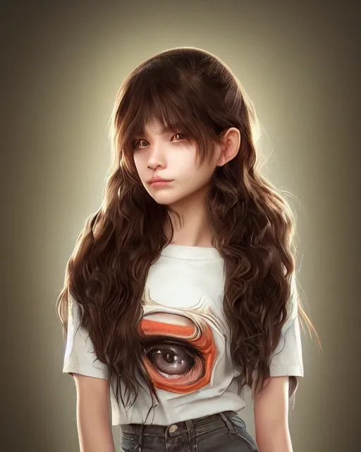Prompt: portrait of 1 5 - year old girl with lush frizzy untamable brown hair, large front teeth, and bright piercing brown eyes, hyper realistic face, beautiful eyes, character art, art by artgerm lau and wlop and and ilya kuvshinov and john singer sargent, hyperdetailed, cryengine, trending on artstation, wizard, digital art