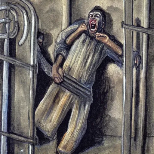 Image similar to a screaming prisoner holding prison bars, realism old painting