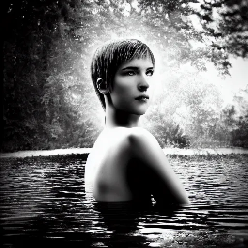 Image similar to portrait of a stunning female cyborg, ex machina, sitting in a pond, in the style of sally mann, photograph, black and white