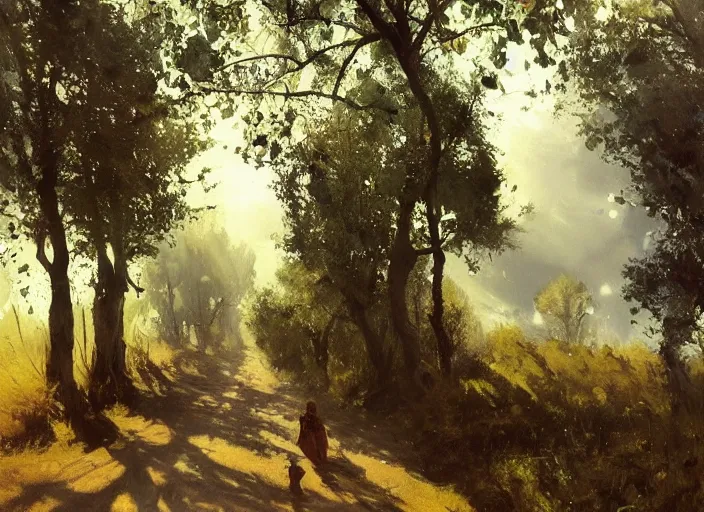 Image similar to oil painting of translucent pears on tree, medieval forest path in dawn by anders zorn, wonderful art by greg rutkowski, incredible lighting, shadows, beautiful cinematic light, american romanticism by greg manchess, tall rocky mountains and storm clouds, sun rays, sunshine, bright sunny summer day, stone walls and wooden fences, meadow