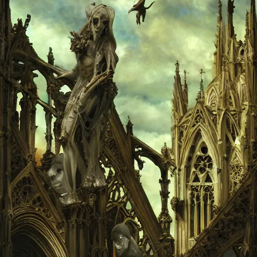 Image similar to disasterpiece gothic church gargoyles holy ambience, by Edgar Maxence and Ross Tran and Michael Whelan and Caravaggio, intricate line drawings, cinematic, establishing shot, 4k resolution