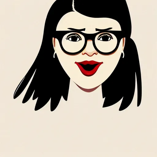 Prompt: portrait of a curvy stocky romanian woman, brown hair, messy bob, straight hair, brown eyes, round nose, low eyes, romanian, laugh lines, round face, round jaw, round nose, white glasses, glasses, big forehead, white reading glasses, illustration, cute, librarian, wide shot, digital art, loish, 8 k, trending on artstation