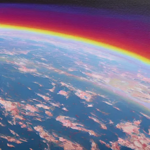 Image similar to view from space, rainbow rubber band ball planet, oil on canvas, portrait, intricate, 8 k highly professionally detailed, hdr, cgsociety