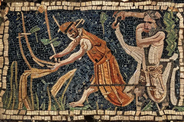 Prompt: a roman mosaic of a man hunting a werewolf