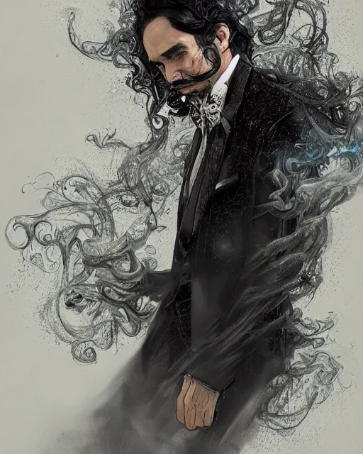 Prompt: a highly detailed portrait of carlos valdes radiating a powerful energy aura, ornate black tuxedo, wispy tendrils of smoke, intricate, digital painting, old english, raining, sepia, particles floating, whimsical background by marc simonetti, artwork by liam wong