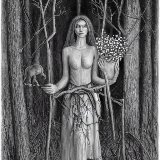 Prompt: pencil drawing, cenozoic by alejandro burdisio rich. a experimental art of a vasilisa standing in the forest, surrounded by animals. she is holding a basket of flowers in one hand & a spindle in the other. gentle expression. in the background, the forest is dark & mysterious.