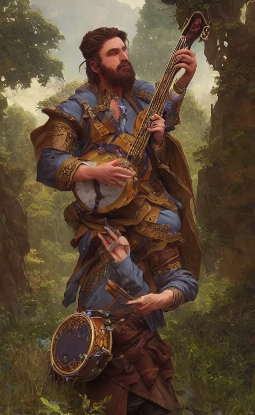 Image similar to male bard, playing the banjo, ruins landscape, d & d, fantasy, intricate, highly detailed, digital painting, artstation, octane render, concept art, matte, sharp focus, illustration, hearthstone, art by artgerm and greg rutkowski and alphonse mucha