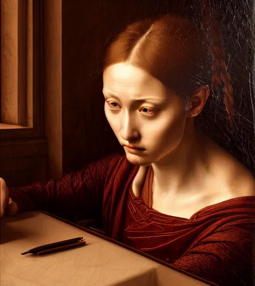 Prompt: portrait of a crisis sitting upon a table with heightened detail, poised, intense emotion, detailed facial expression, detailed surroundings, intricate, elegant, highly detailed, centered, digital painting, artstation, concept art, smooth, sharp focus, illustration, by ( leonardo da vinci ), wlop