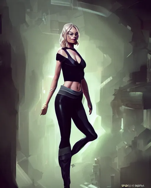 Prompt: full body shot of margot robbie by wlop, rossdraws, mingchen shen, arney freytag, artstation, fantasy photoshoot, urban jungle, fashion pose, octane, 4k