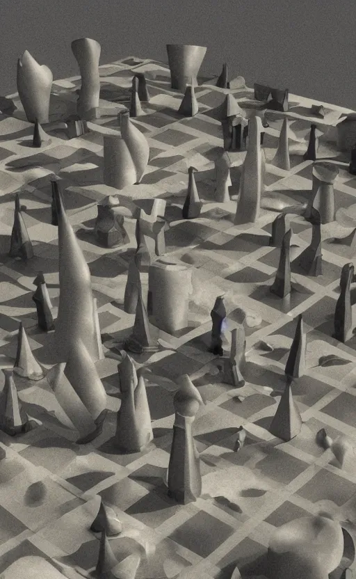 Image similar to surreal dali chess landscape, 3d liminal grainy aesthetic illustration, highly detailed, soft render, volumetric lighting, early morning,