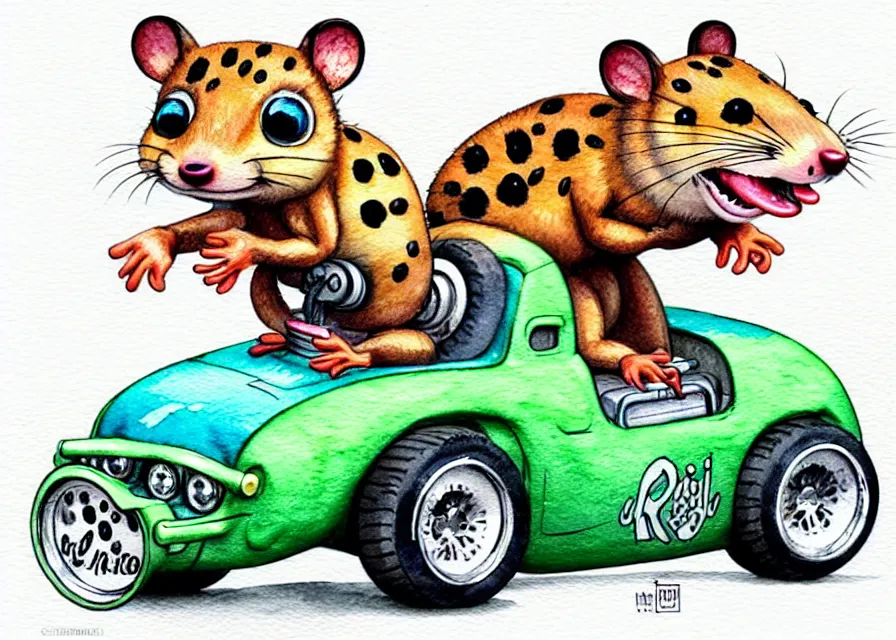 Image similar to cute and funny, quoll riding in a tiny hot rod with oversized engine, ratfink style by ed roth, centered award winning watercolor pen illustration, isometric illustration by chihiro iwasaki, edited by range murata, tiny details by artgerm and watercolor girl, symmetrically isometrically centered