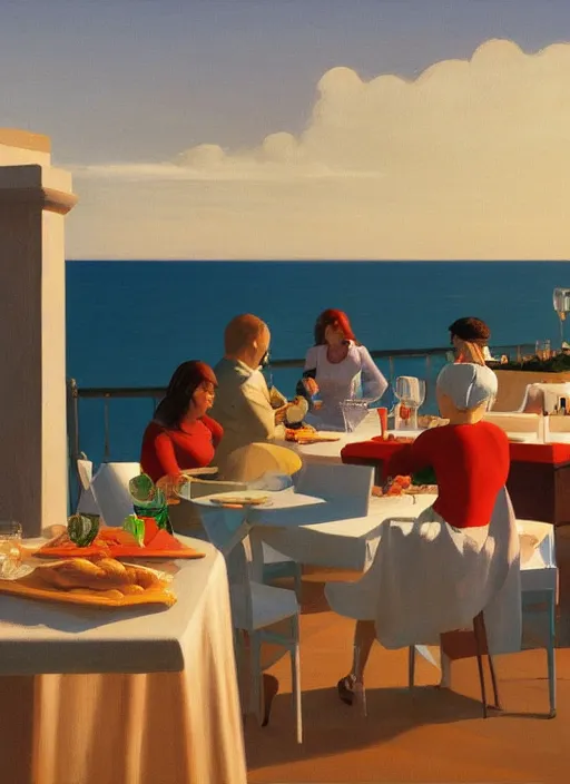 Prompt: Italian aperitivo at the seaside by Edward Hopper and James Gilleard, 8k, octane render, ultra sharp, detailed digital art