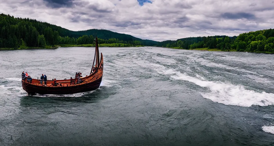 Image similar to a highspeed viking ship sailing down a river, f / 2. 8, motion blur