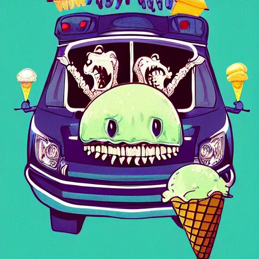 Image similar to an ice cream monster hanging upside down bigger than a bus with claws like a t - rex and teeth like a vampire, digital art,