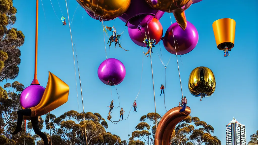 Prompt: large colorful futuristic space age metallic steampunk balloons with pipework and electrical wiring around the outside, and people on rope swings underneath, flying high over the beautiful melbourne in australia city landscape, professional photography, 8 0 mm telephoto lens, realistic, detailed, photorealistic, photojournalism