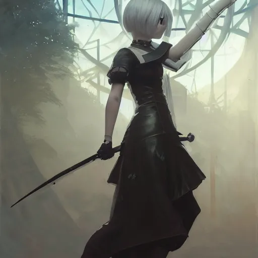 Image similar to highly detailed painting of 2 b nier automata, stephen bliss, 8 k, unreal engine, by greg rutkowski, loish, rhads, artgerm, ferdinand knab, makoto shinkai and lois van baarle, ilya kuvshinov, rossdraws, tom bagshaw, global illumination, radiant light, detailed and intricate environment