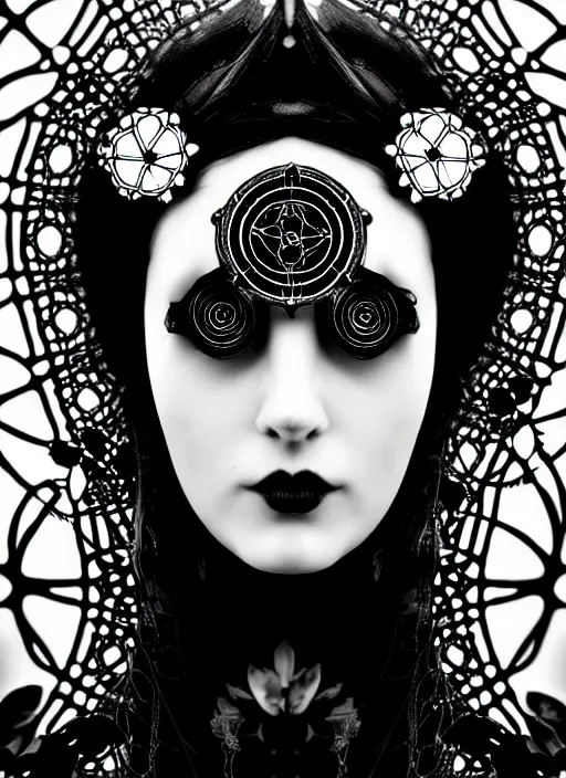 Image similar to black and white gothic masterpiece profile portrait, one steampunk eye silver hexagonal meshes floral biomechanical beautiful young female cyborg - vampire, big monocular, volumetric light, hibiscus flowers, by hg giger, rim light, big gothic fashion pearl embroidered collar, 8 k