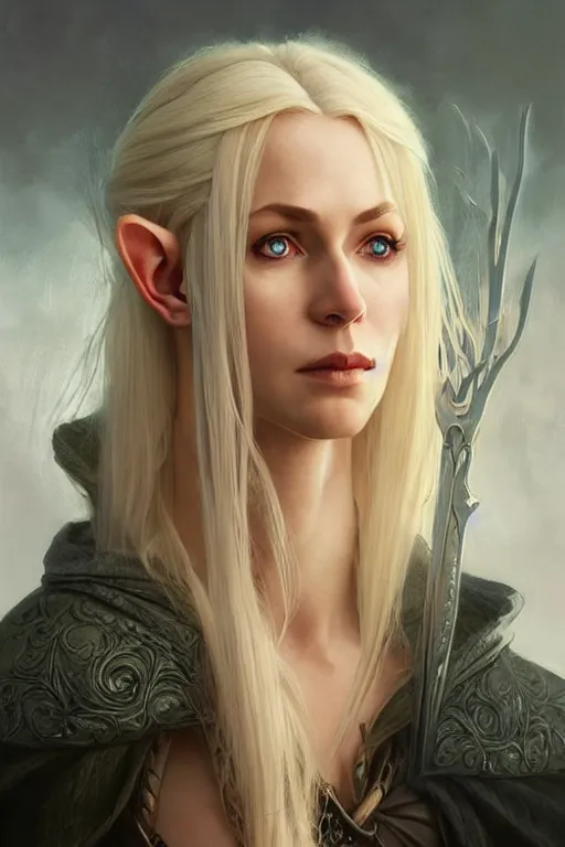 Image similar to portrait of an old blonde elven mage, dark, piercing eyes, gentle expression, elegant clothing, photorealistic, highly detailed, artstation, smooth, sharp focus, art by michael whelan, artgerm, greg rutkowski and alphonse mucha