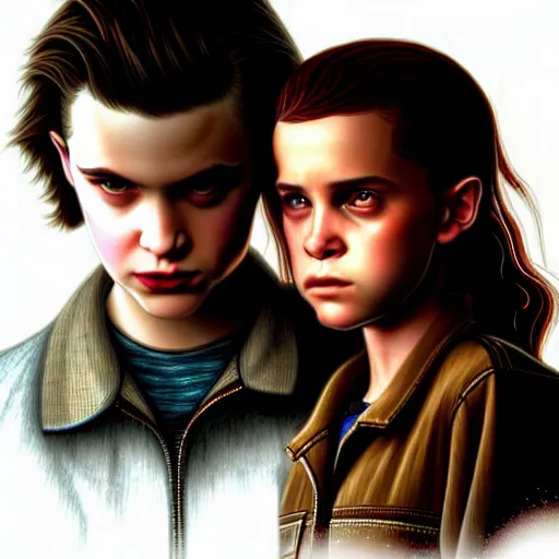 Image similar to Twilight version of Stranger Things, Portrait of Edward and Bella, diffuse lighting, fantasy, intricate, elegant, highly detailed, lifelike, photorealistic, digital painting, artstation, illustration, concept art, smooth, sharp focus, art by Albert Aublet
