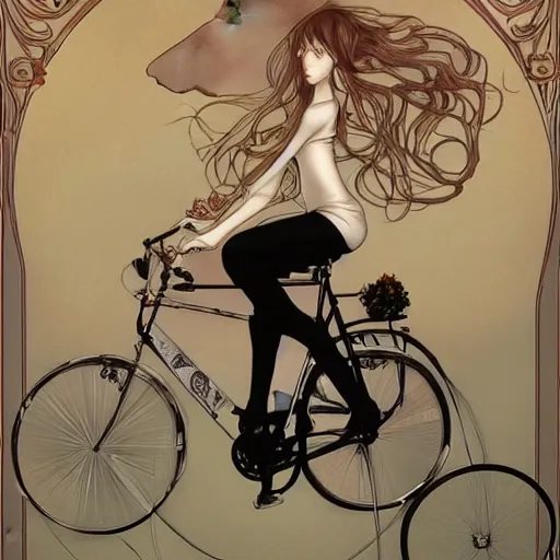 Image similar to A girl on a bicycle , Long, flowing hair by Range Murata and mucha ,full shot,