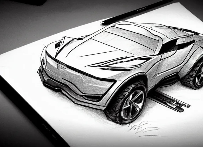 Prompt: concept non - coloring pencil drawing of a new car combined by two different genres for offroading.