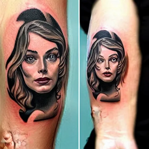 Prompt: surrealist tattoo design of margot robbie and nature mash up, in the style of arlo dicristina, amazing detail, face morph