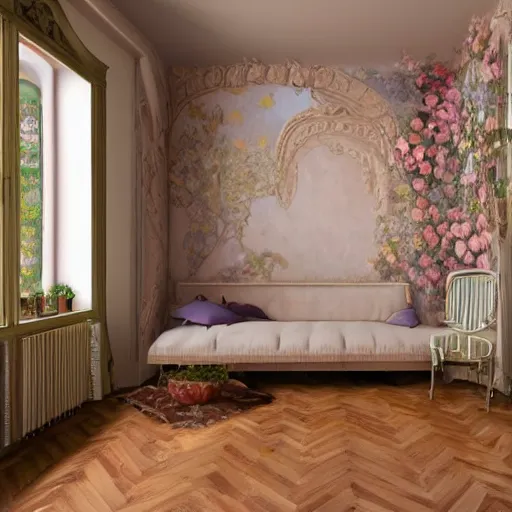 Image similar to interior art nouveau french appartment, white wood wall in background, flowers all over wall, albert bierstadt, photorealism, 8 k, detailed, clean