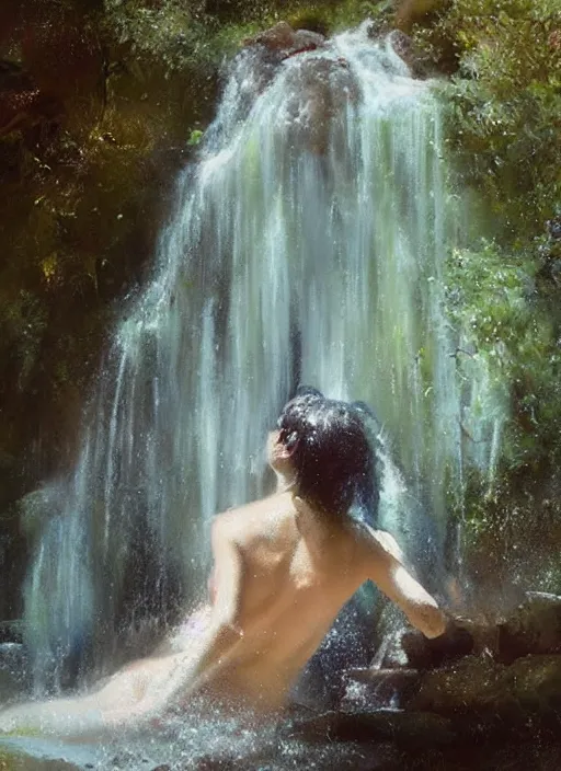 Image similar to painting of a goddess showering in a waterfall, unclothed but veiled in mist, detailed, stylized, loose brush strokes, pastel colors, blue and green hues, by Jeremy Mann, intricate, beautiful