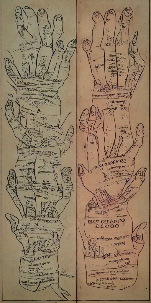 Image similar to anatomy of a hands, diagrams, map, marginalia, sketchbook, old script, inhabited initials, pastel infographic by Wes Anderson and victo ngai