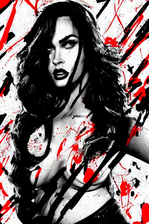 Image similar to dream of a film still from sin city, closeup portrait of film noir megan fox private detective, detailed illustration, digital art, trending on artstation, frank miller, martin ansin, movie poster, paint splatter, black on red, graffiti, gta v,