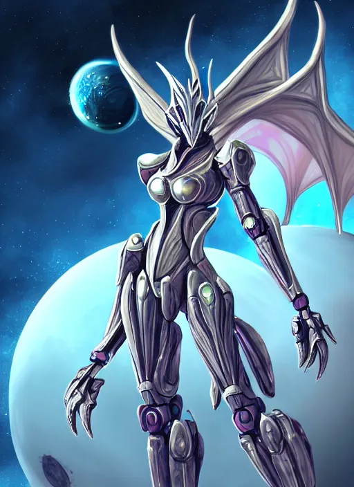 Image similar to goddess shot, galactic sized stunning beautiful anthropomorphic robot mecha female dragon, in space, larger than planets, posing elegantly, holding earth in sharp hand, detailed silver armor, epic proportions, epic scale, ultra detailed digital art, furry art, macro art, dragon art, giantess art, warframe fanart, furaffinity, deviantart, realistic