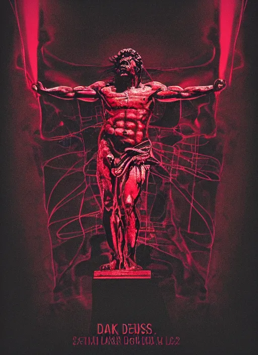 Image similar to dark design poster showing a statue of hercules, black background with very subtle red and purple design elements, powerful, nekro, vito acconci, graphic design, collage art, subtle thin lines, dark, glitch art, neo vaporwave, gritty, layout frame, square, trending on artstation