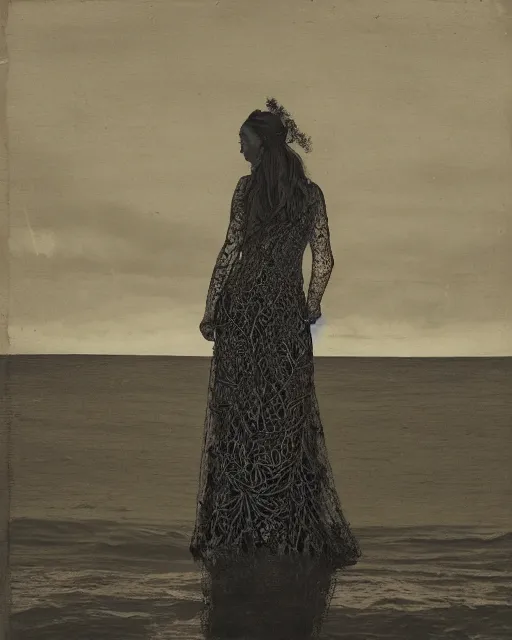 Image similar to a woman standing by the sea, made of intricate decorative lace leaf skeleton, in the style of the dutch masters and gregory crewdson, dark and moody