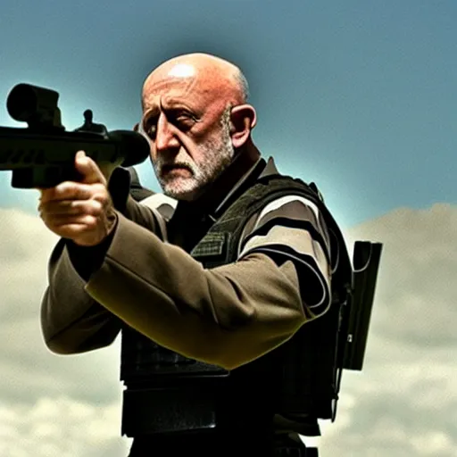 Prompt: Film Still of Mike Ehrmantraut aiming a sniper rifle and wearing a bulletproof vest, 4k, highly detailed, centered