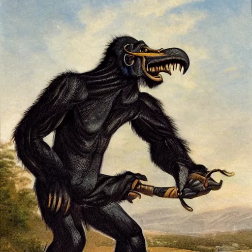 Image similar to monster composed of falcon beak, gorilla arms, horse legs, wearing a robe