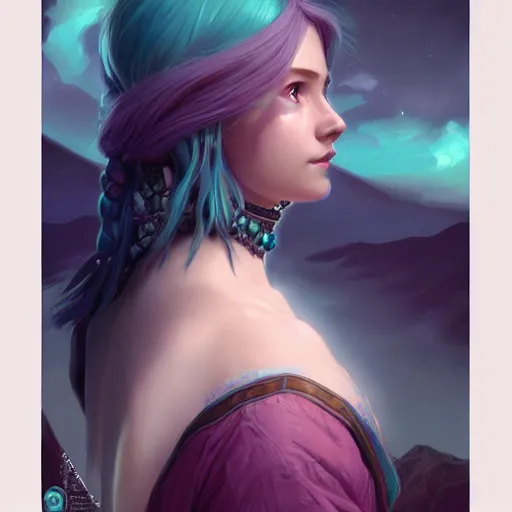 Image similar to teal haired mage bust portrait, female, glacier landscape, norway, d & d, fantasy, intricate, elegant, highly detailed, digital painting, pink and teal color palette, artstation, octane render, concept art, matte, sharp focus, illustration, herrarthstone, art by artgerm and greg rutkowski and alphonse mucha