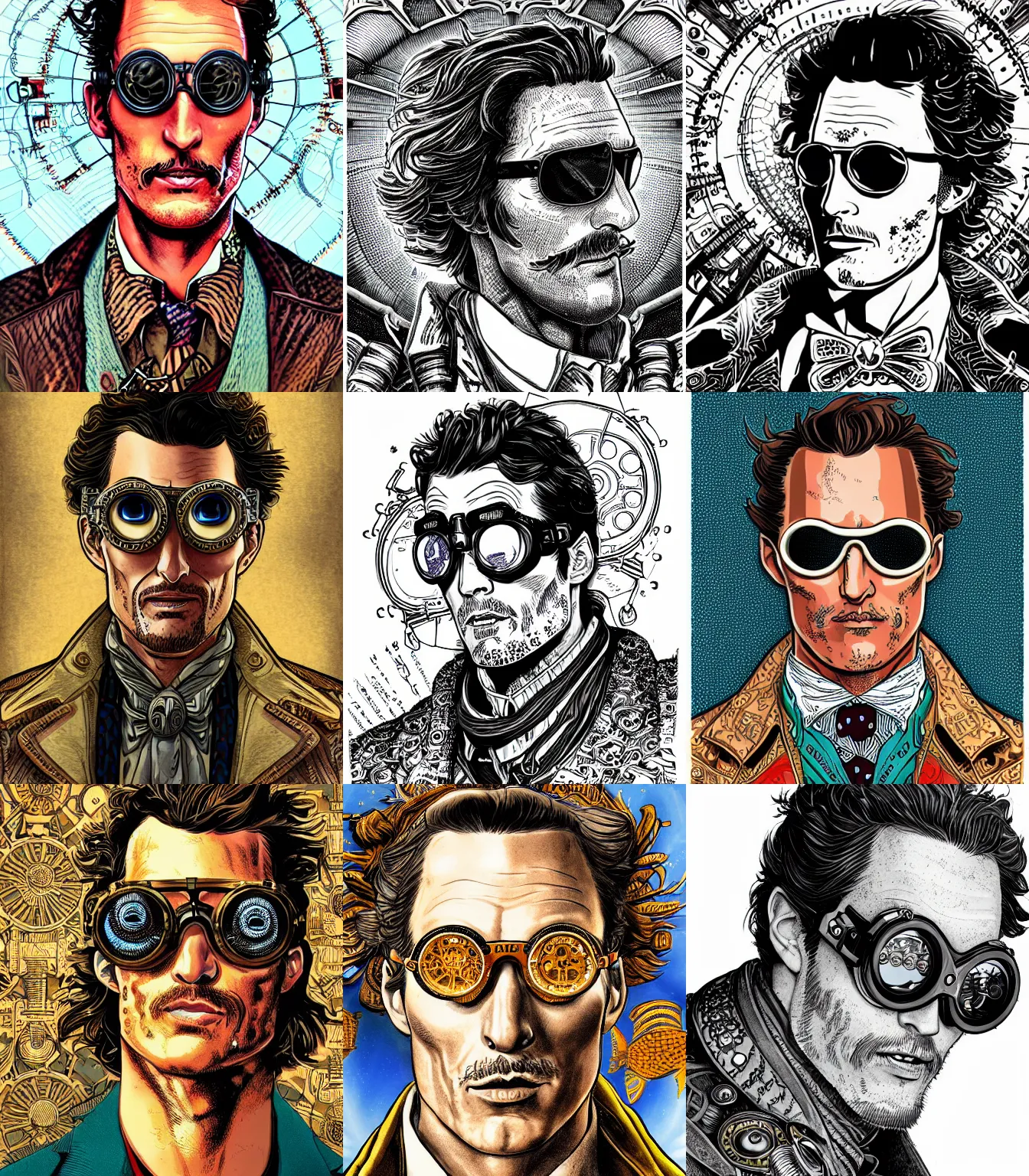 Prompt: hyper detailed comic illustration of a steampunk matthew mcconaughey wearing goggles and an intricate Victorian jacket, markings on his face, by Hayao Miyazaki intricate details, vibrant, solid background, low angle fish eye lens