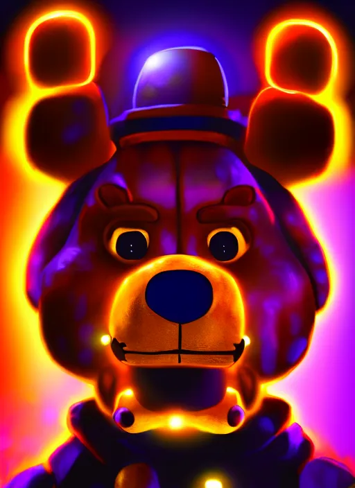 Image similar to portrait of freddy fazbear, glowing lights, highly detailed, digital painting, artstation, concept art, sharp focus, illustration