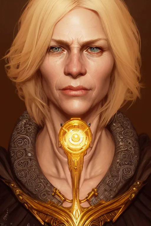 Prompt: portrait of a middle aged blonde haired woman in the style of god of war, golden machine parts, intricate, elegant, highly detailed, digital painting, artstation, concept art, smooth, sharp focus, illustration, art by artgerm and greg rutkowski and alphonse mucha, 8 k