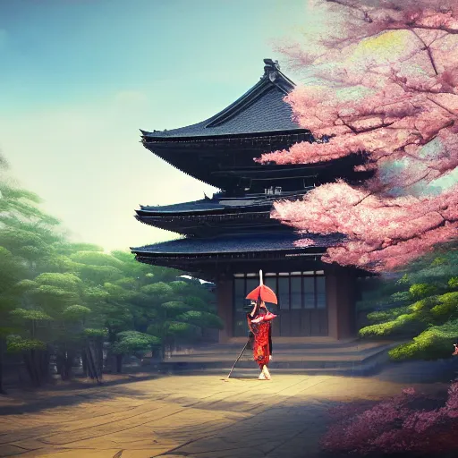 Image similar to samurai, cherry blossom, japanese temple, landscape, wide angle, digital art, irina french, heraldo ortega, mandy jurgens, golden ratio, art canvas, award winning, masterpiece trending on artstation 8 k 1 5 0 mpx