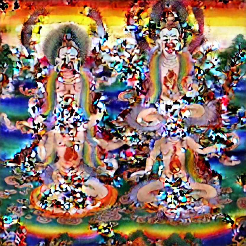 Prompt: a sacred painting of a beautiful flesh - eating timikawa with rainbow fur eating a screaming man, sitting on chair made of human limbs, the chair is floating in a lake of blood, surrounding the lake are melting trees, tibetan thangka, nightmare scene, supernatural, highly detailed, creepy, terrifying
